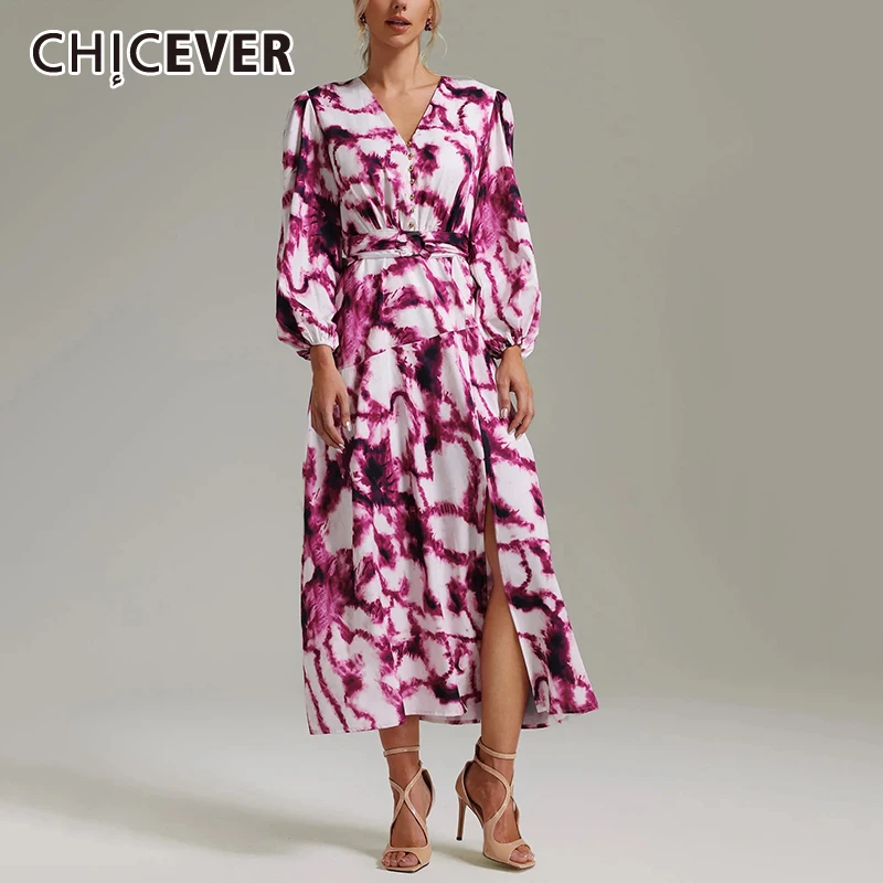 

CHICEVER Hit Color Women Long Dresses V Neck Puff Sleeve High Waist Spliced Lace Up Split Casual Bohemian Style Dress Female New