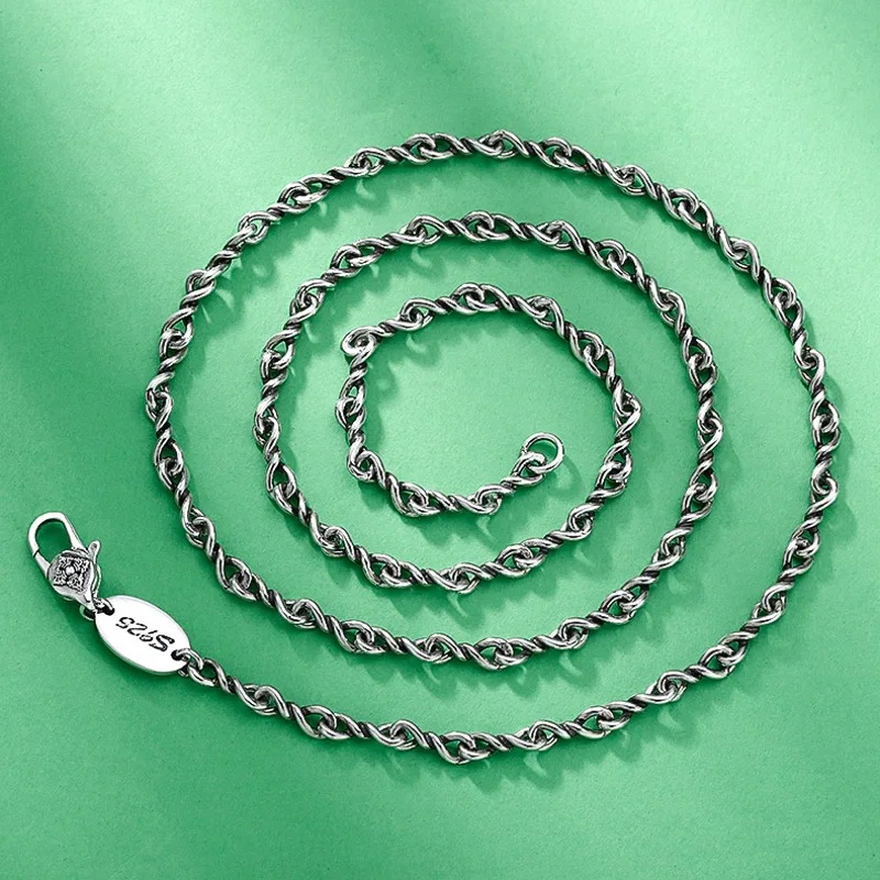 

Real Solid 925 Sterling Silver Chain Men 3mm Twist Knot Link Rope Necklace 16-25g/45-65cm