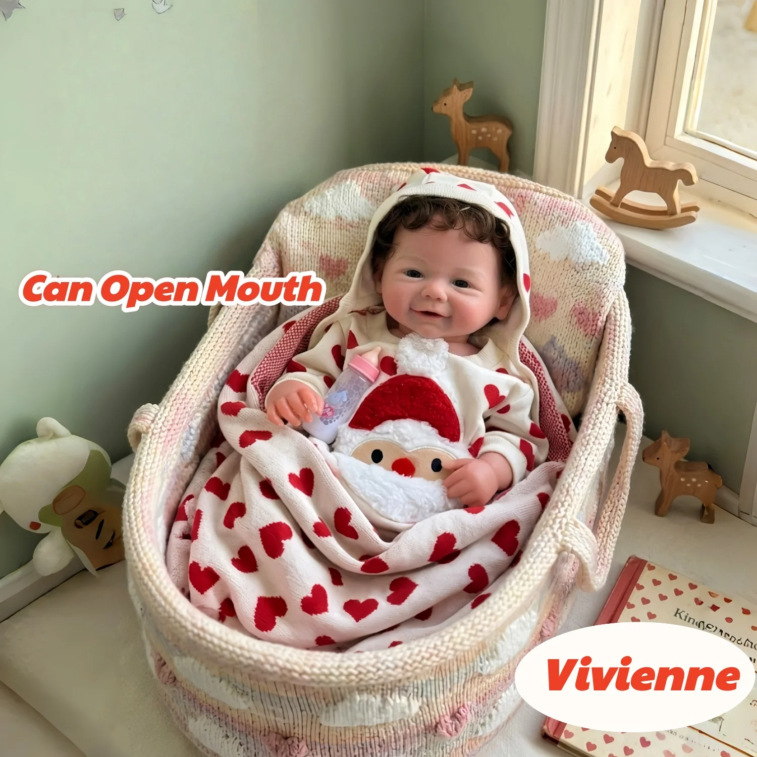 

45CM Smiling Silicone Girl Doll With Rooted Curly Hair Already Painted Lifelike Can Open Mouth reborn de silicona doll As Gift