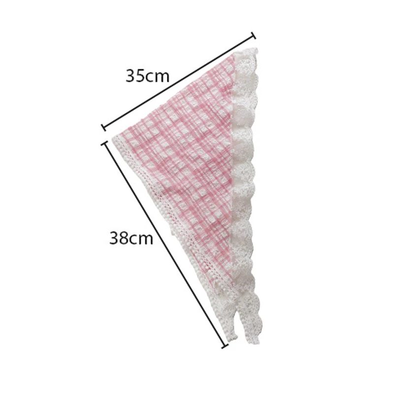 Lace Triangle Hair Scarf for Women Plaid Silk Ribbon Headscarf Girls French Headbands Pastoral Retro Bandana Summer Accersories