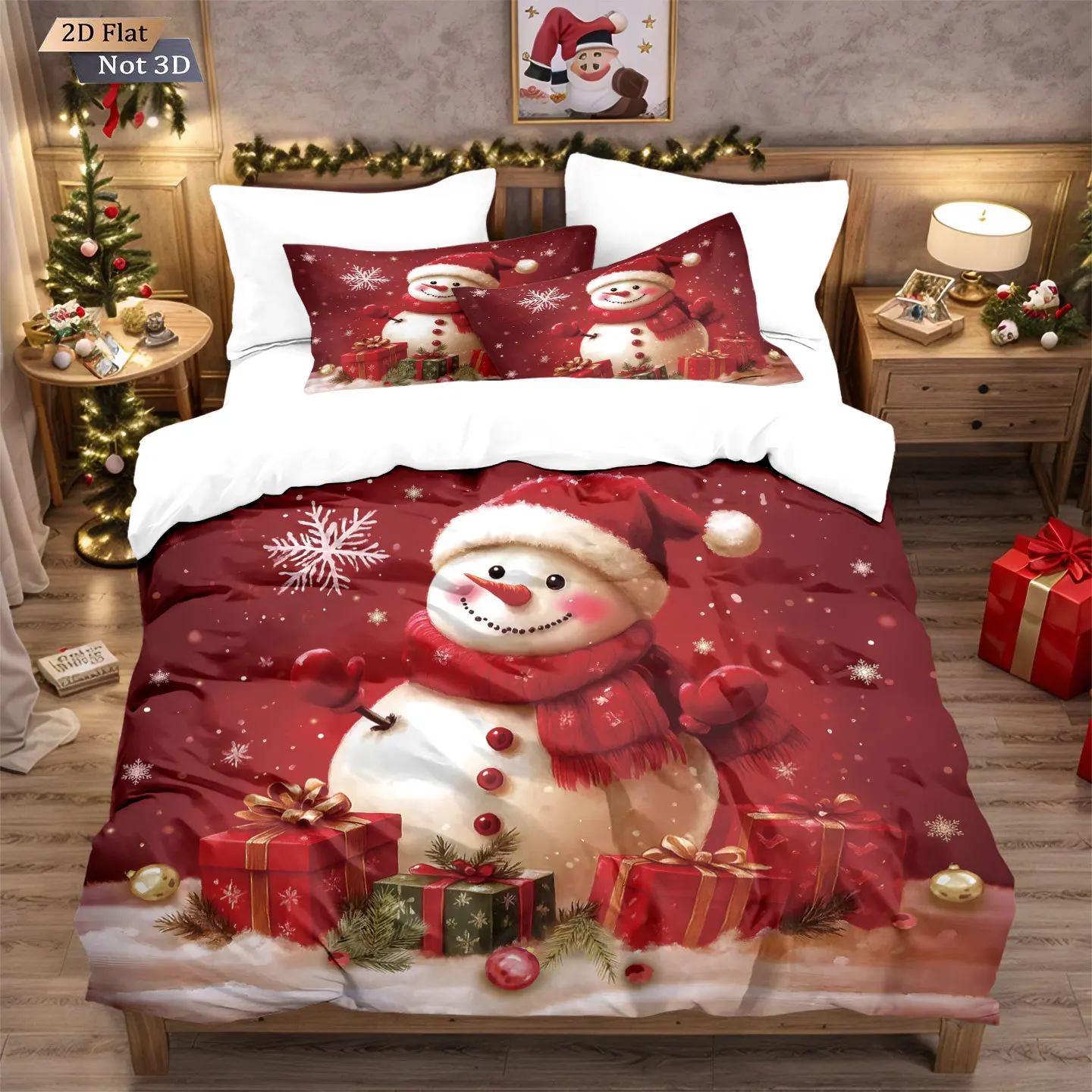 Red Christmas Bedding Set Santa Claus Candy Gingerbread Man Print Polyester Machine Washable Duvet Cover For Home Bedroom Decor