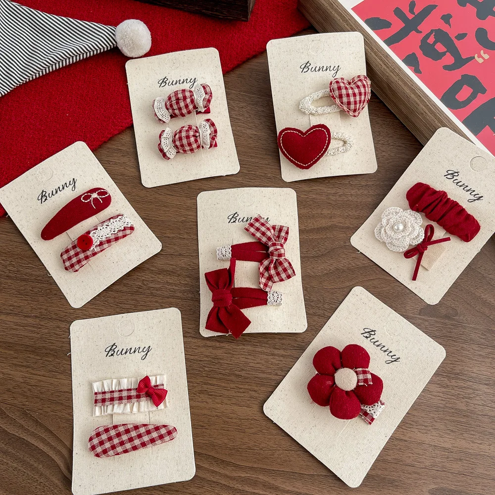 2pcs Red Hairpins Plaid Candy Flower Girls Bangs Side Clip Barrettes Hairpin Hair Clip Kids Hair Accessories New Year's Headwear