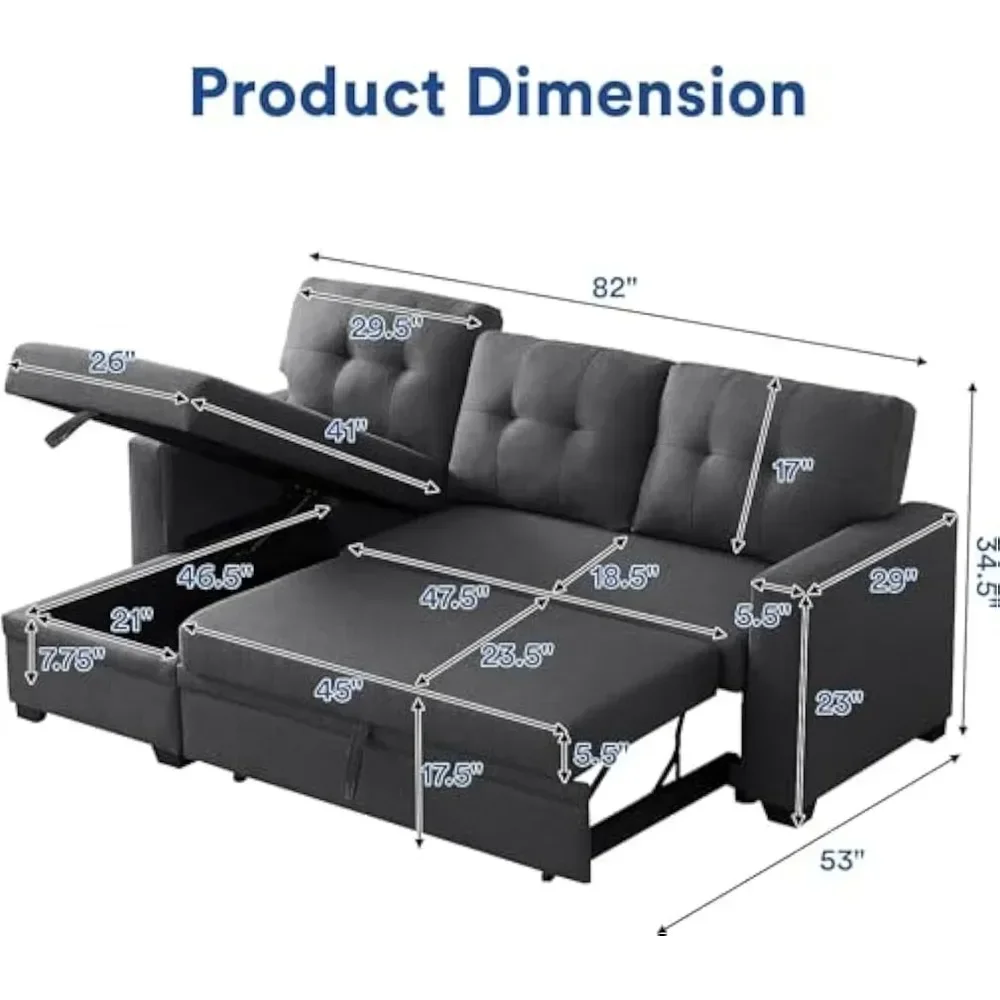 Sleeper Sofa Bed with Storage Chaise Pull Out Couch Bed for Living Room, Hidden Stroge,Removable Backrest