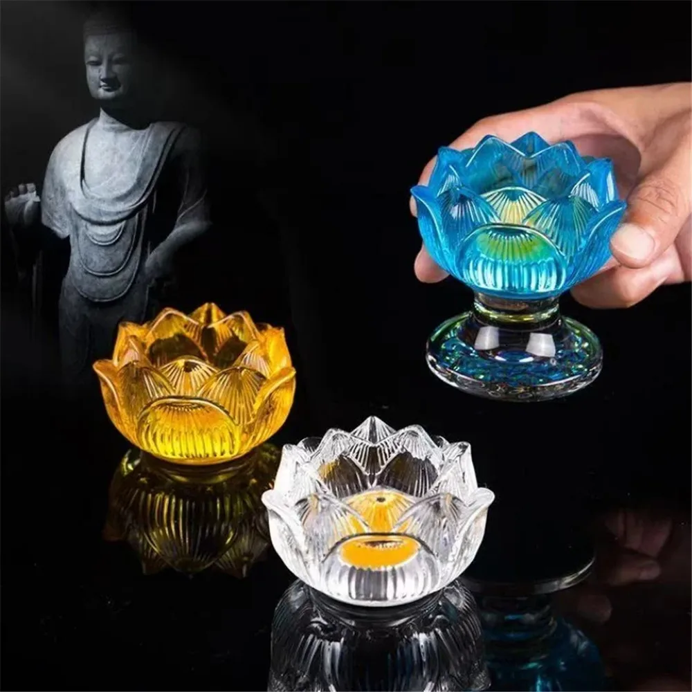 Buddhism Hall Candlestick Holder,Engraving Lotus Flower Shape Tibetan Altars Glass Candle Oil Lamp,Ghee Candle Cup,Buddhist Item