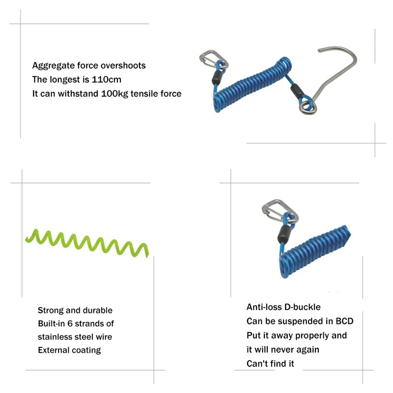 Kait keselamatan menyelam, aksesori keselamatan menyelam kabel pegas koil Spiral kait batu karang baja tahan karat kepala tunggal