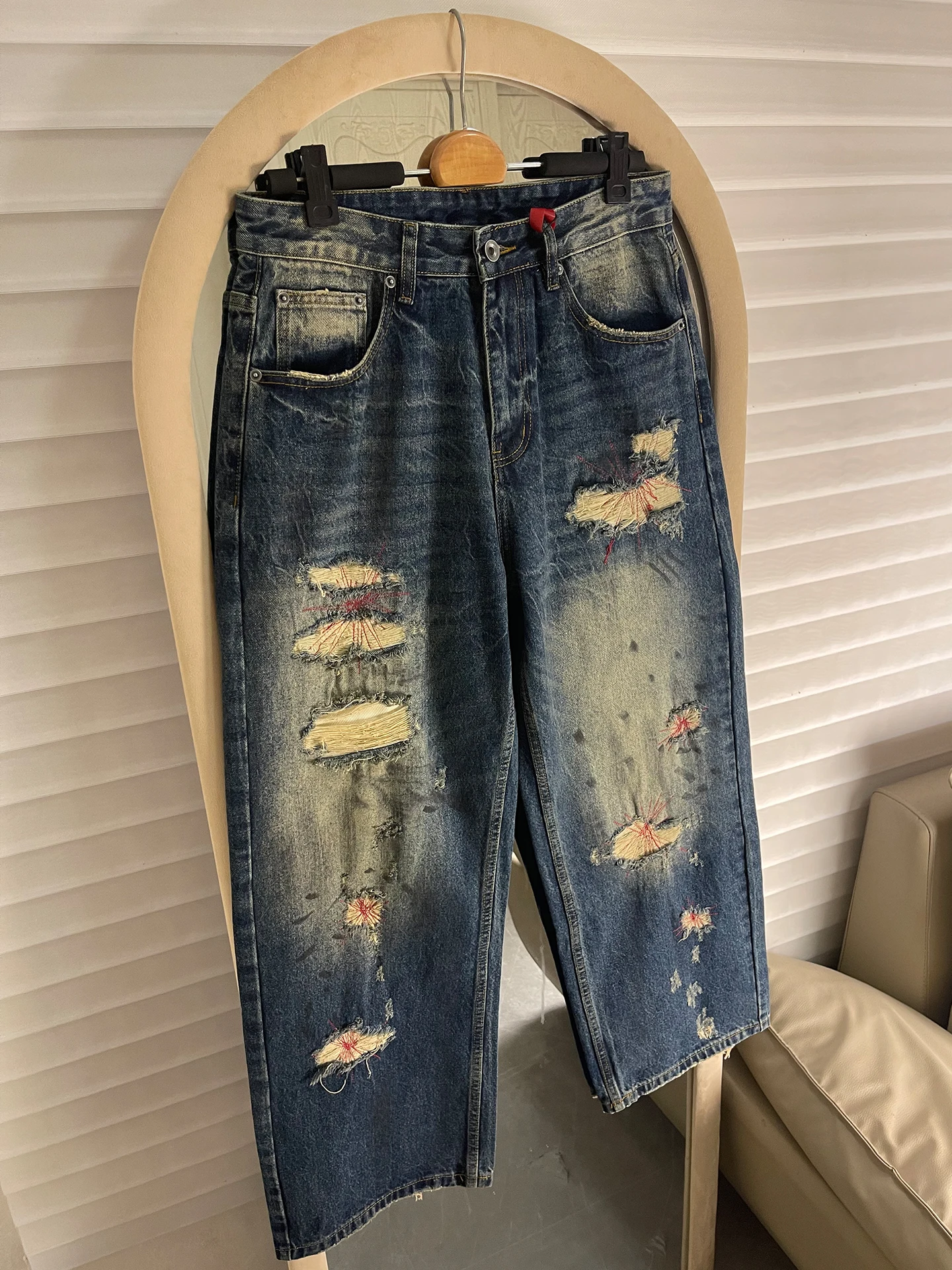 

Parisian Style American High Street Weathered Ripped Loose Straight Leg Men's Jeans Trendy Distressed Denim Pants Casual Wear