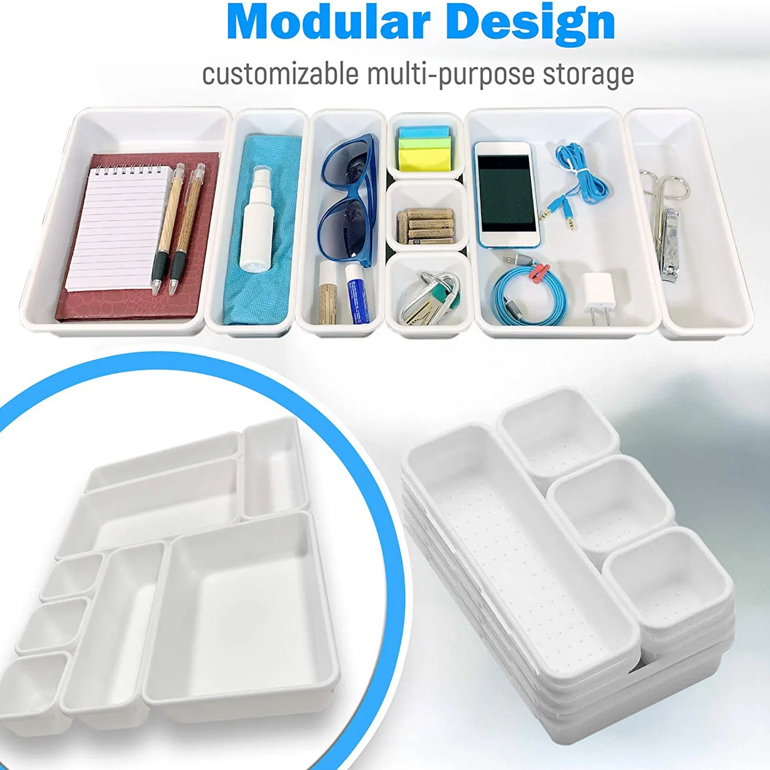 Drawer Organizer (8 PCS) - Interlocking Desk Organizer Tray Drawer Dividers Snap Together for Custom Layout Non Slip