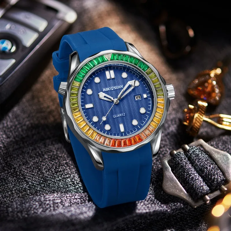 New rainbow diamond calendar men\'s watch Business leisure endurance sports wristwatch Green large dial luminous waterproof clock