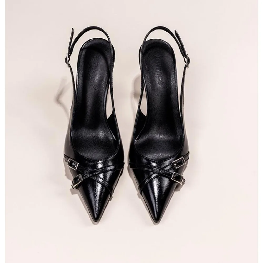 Summer New High Heels, Women's Sexy Hollow Black Silk Pointed One-line Buckle Skinny Heel Sandals, Women's Shoes