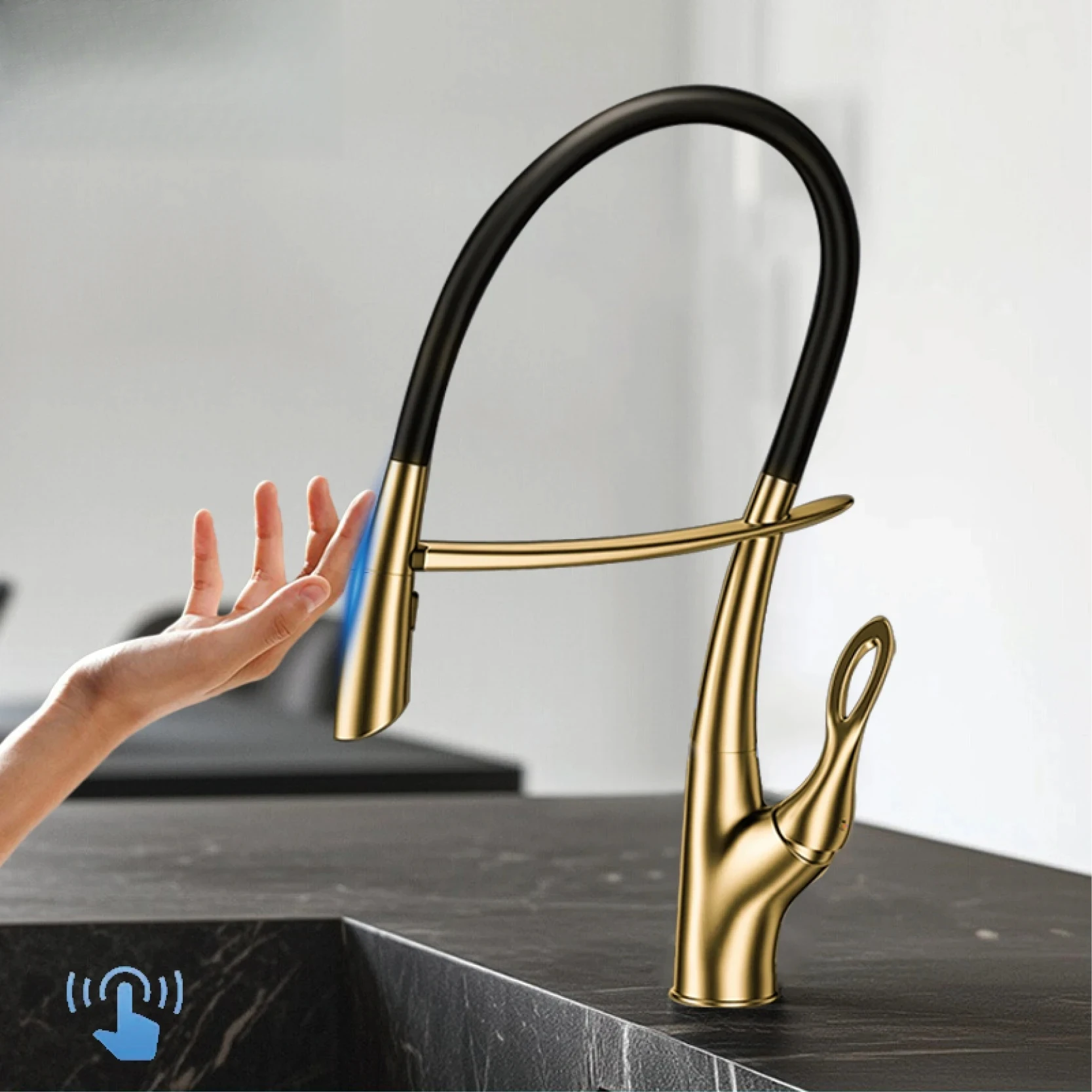 

Gestan Brass Brushed Gold Kitchen Faucet With Touch Switch Design, Single Handle Ceramic Valve Core, Hot And Cold Water Sink Tap