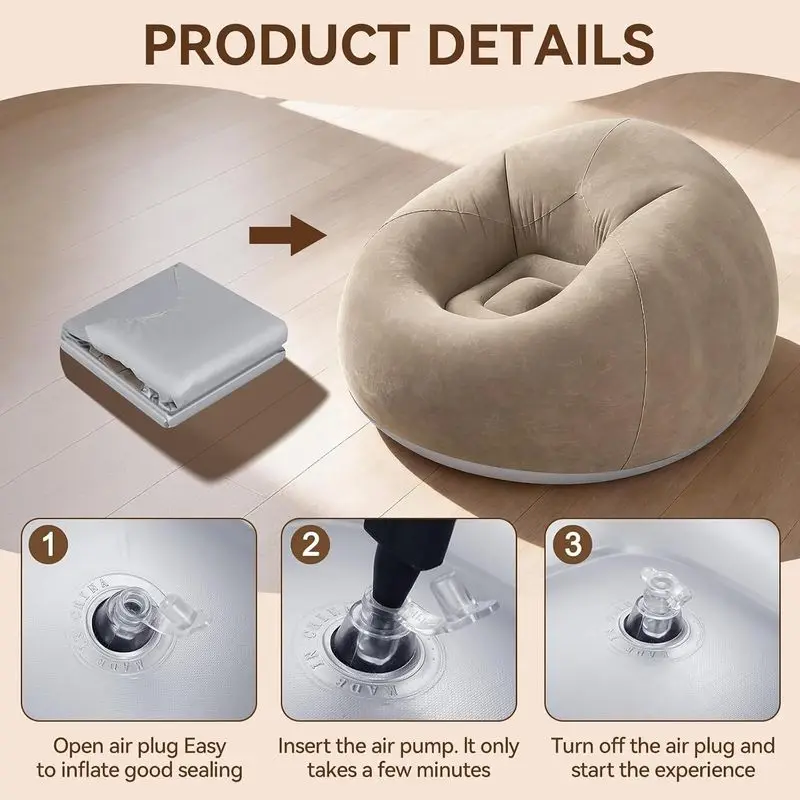 1Pcs Set Flocked Inflatable Lazy Sofa with Foot Pump Large Round Bean Bag Chair Portable Folding Seat for Gaming Living Room