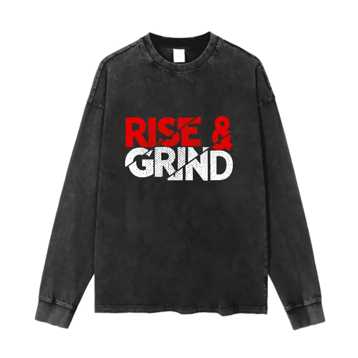 Rise & Grind Art Text Washed Vintage Long Sleeves Cotton Tee Shirt Solid O Collared For Men's And Women's