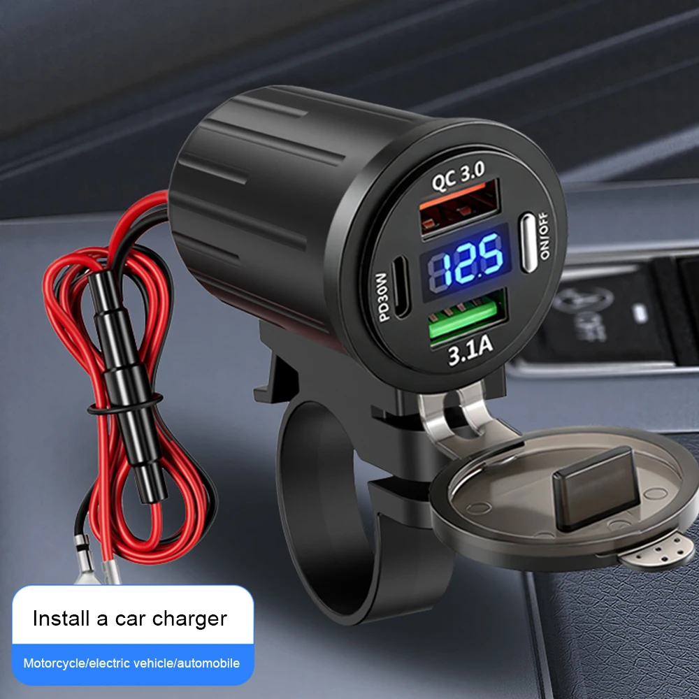Multi Ports USB Car Charger PD QC3.0 USB Charger Socket with Digital Voltmeter Button Switch for Car Boat Motorcycle