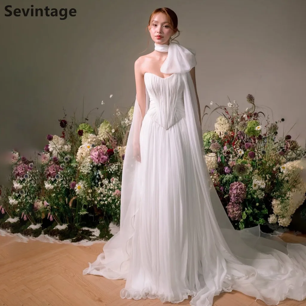 Sevintage العاج الكورية ألف خط مطوي الشيفون الحبيب فستان الزفاف التفاف ثوب الزفاف فساتين حفلات الزفاف الأنيقة حسب الطلب #1