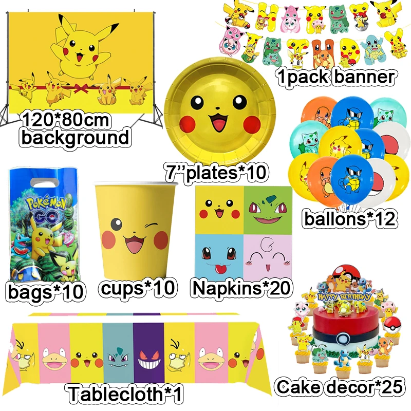 Pokemon Decoration Birthday Pikachu Balloon Cartoon Balloon Disposable Tableware Tablecloth Straws Cup Plates Baby Shower Toys