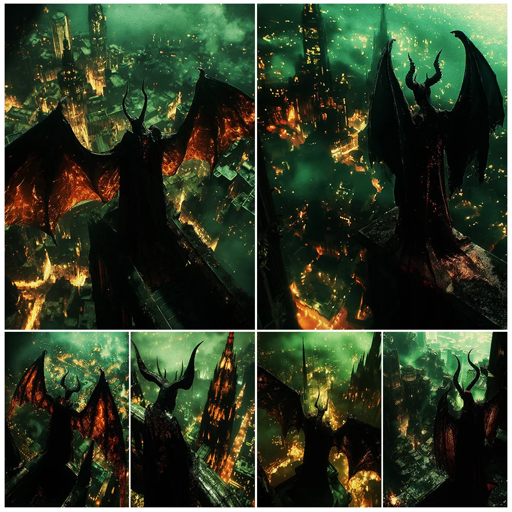 

Flaming Cities And Demons,Vintage Wall Art,Canvas Painting,Lucifer Overlooking The City Of Hell,Abstract Art, Poster Print Decor