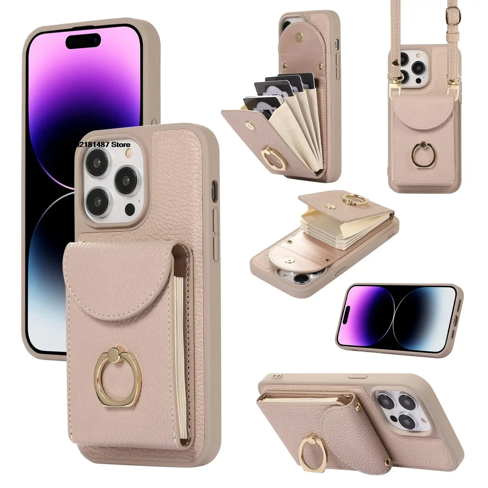 Suitable for iPhone14Pro Pebbled Organ Card Holder 13promax Cross-body Lanyard Ring Bracket 12 Card Coin Purse 11 Leather Cover