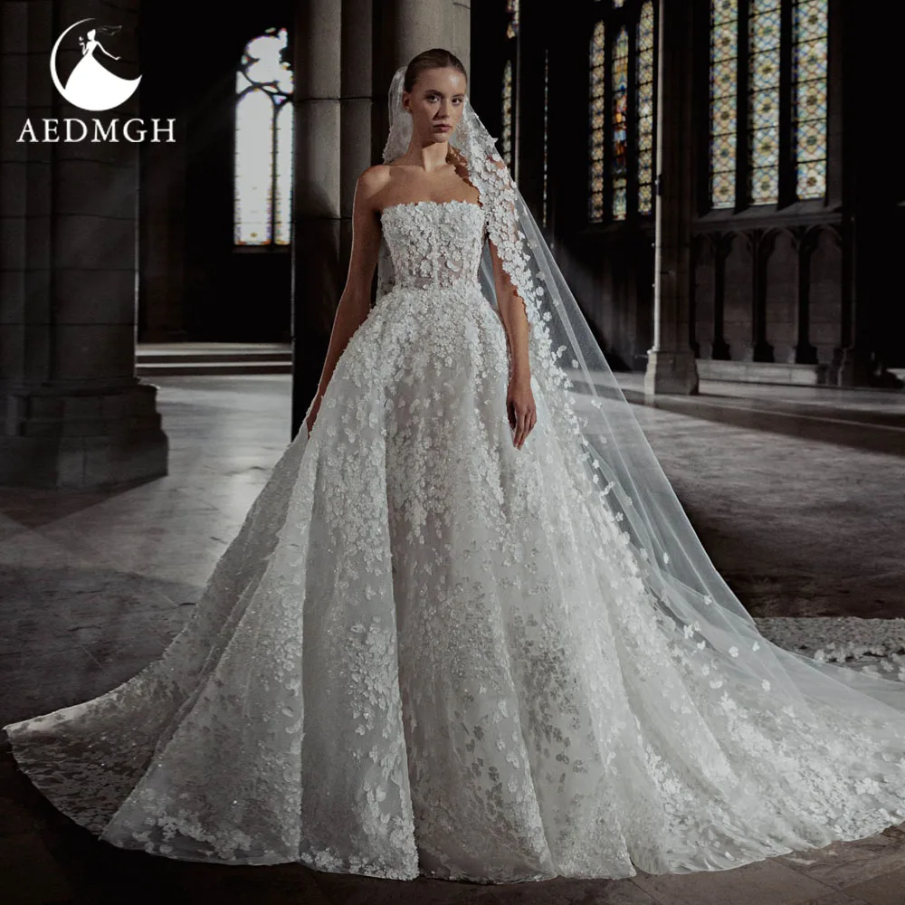 Aedmgh A-Line Delicate Wedding Dresses Strapless Vestido De Novia Lace Appliques 3D Flowers Princess Custom Made Bridal Gowns