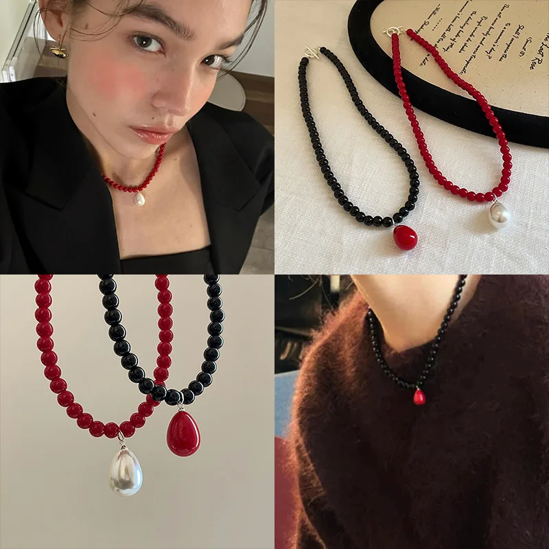قبلة مجوهرات الأزياء الكورية INS قطرة الماء الخرز قلادة للنساء خمر الأسود الأحمر الخرز اللؤلؤ قلادة المختنق قلادة #2