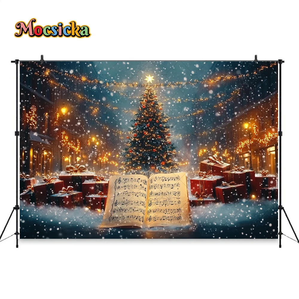 Christmas Eve Photography Background Street Streetlight Storybook Snowflake Backdrop Winter Xmas Tree Gift Photobooth for Kids