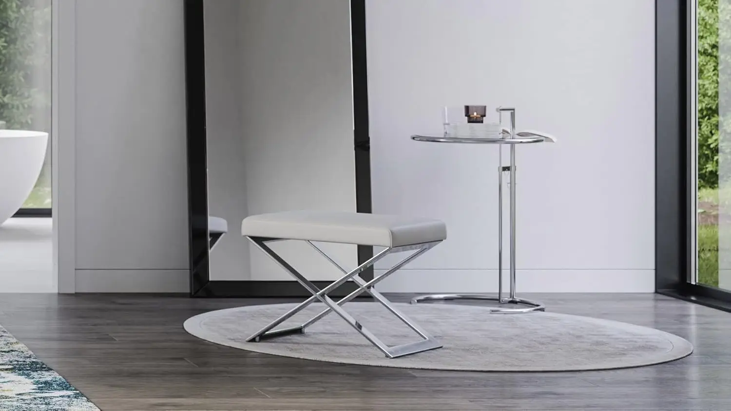 Furniture Modern Fenix Ottoman - White Leatherette with Polished Stainless Steel Base