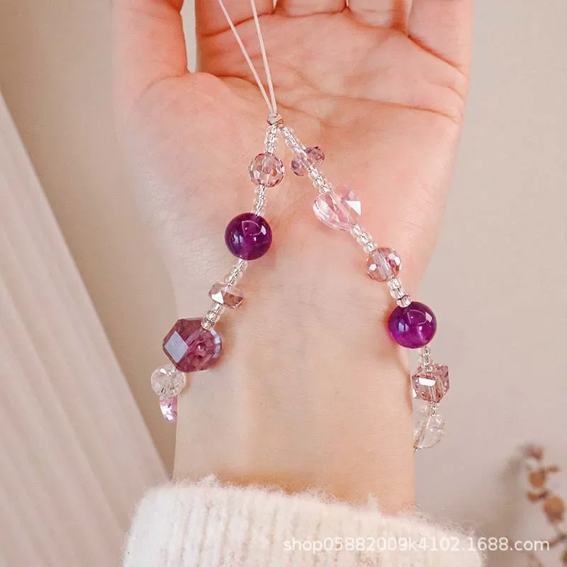Natural crystal mobile phone pendant, sweet and cute amethyst pendant, high-end citrine pendant ins women's chain.