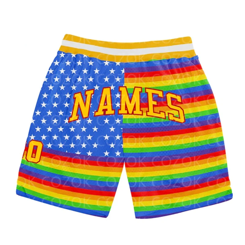 Pantalones cortos de baloncesto personalizados para hombre, Shorts de playa de secado rápido con estampado 3D de arcoíris auténtico, su nombre