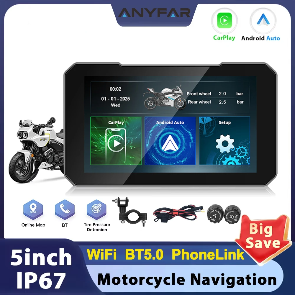5'' Wireless Carplay Android Auto Motorcycle Monitor IP67 Waterproof GPS Navigation Portable Smart Player