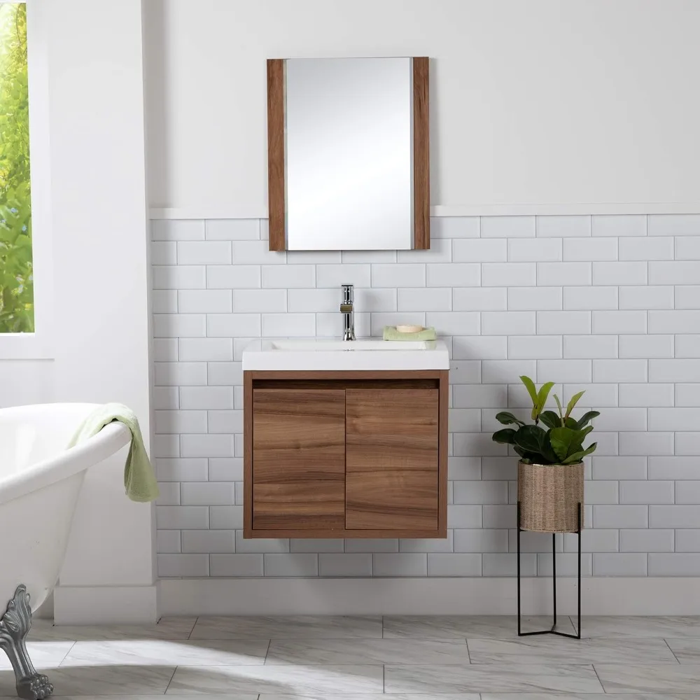 24 Inch Modern Floating Bathroom Vanity with White Single Sink Top, 2-Door Cabinet, Caramel Mist  24.5