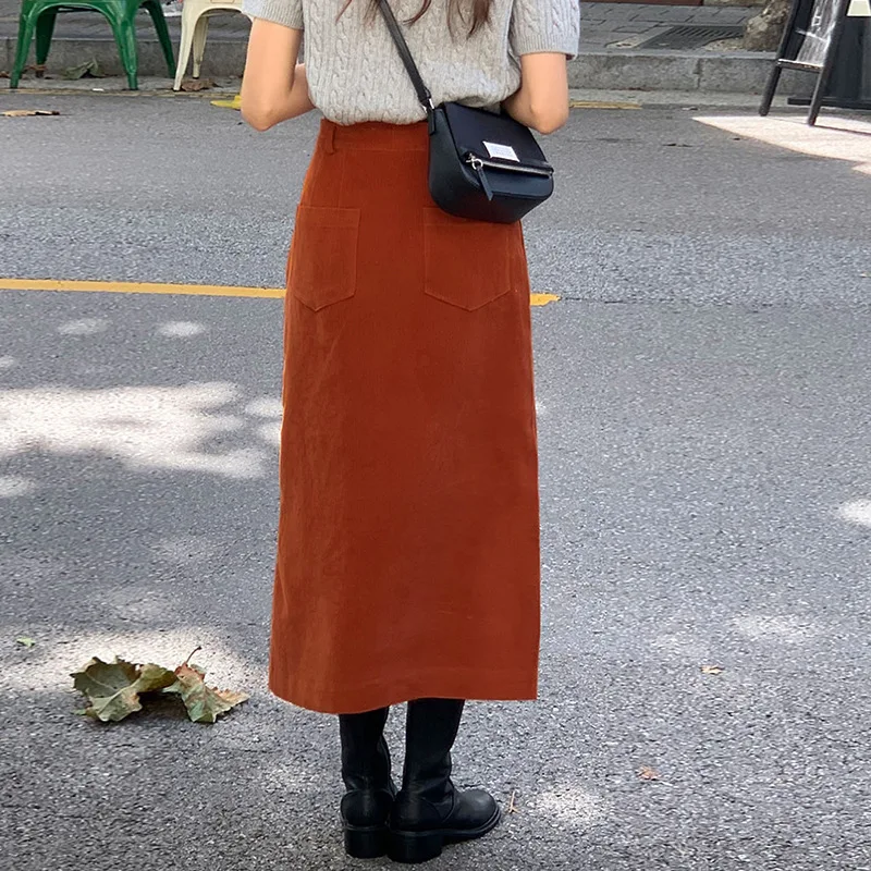 Vintage 100% Cotton Corduroy Skirst For Women Autumn And Winter High Wasit Hip Split Long Casual Straight Harajuku Flared Skirt