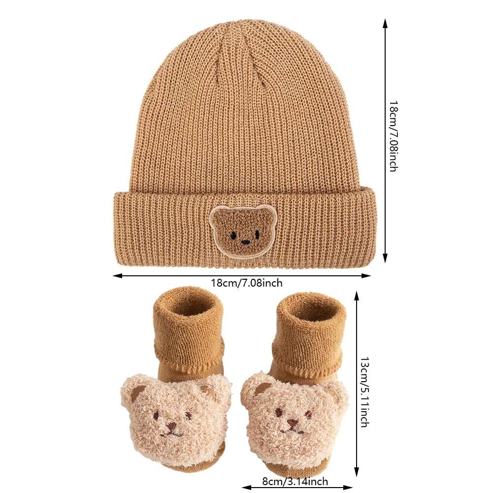 2Pcs Solid Knitted Beanies&Bear Plush Cartoon Thicken Short Socks Set Fall Winter Turban Hats Infant Boys Girls 0-12M Stockings