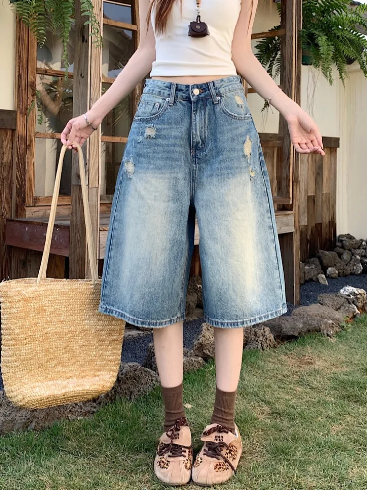 

American Washed Hole Five-Point Jeans Women's Summer Casual Loose Straight Cut Jeans High Waist Blue Cotton Rayon Blend