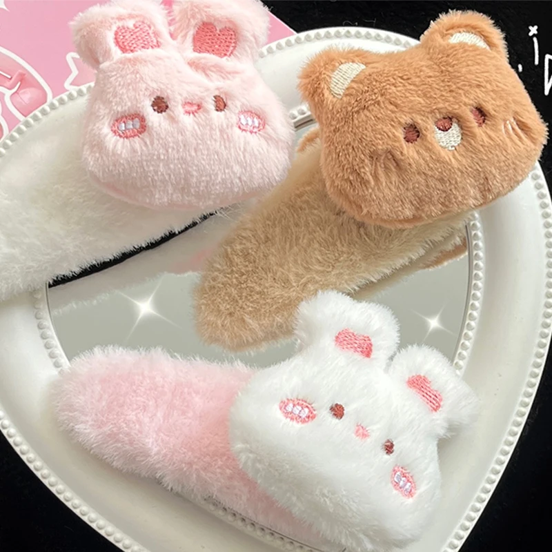 Cartoon Cute Rabbit Teddy Bear Hairpin Women Autumn And Winter Fashion Hairpin Plush Animal Side Clip BB Hair Accessories