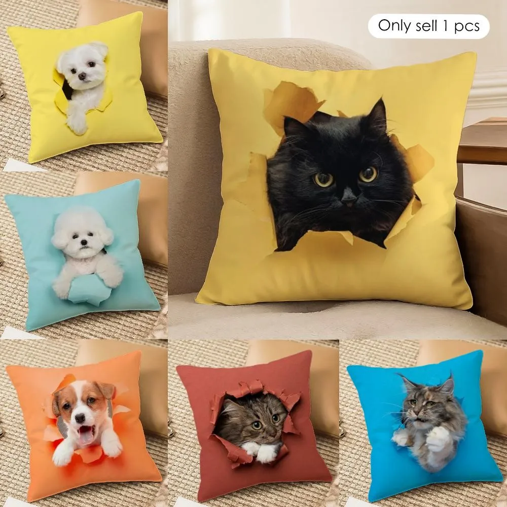 1Pc Personalized Cute Cats Dogs Theme Throw Pillow, Double-Sided Design, Soft Plush Cushion with Insert, Perfect Gift