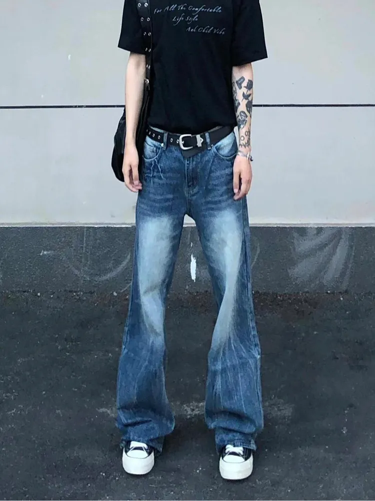 

Cleanfit American Retro Lightning Cra Waed Blue Jeans Men's Straight Leg Micro Flared Slimming Long Pants Youth Faion
