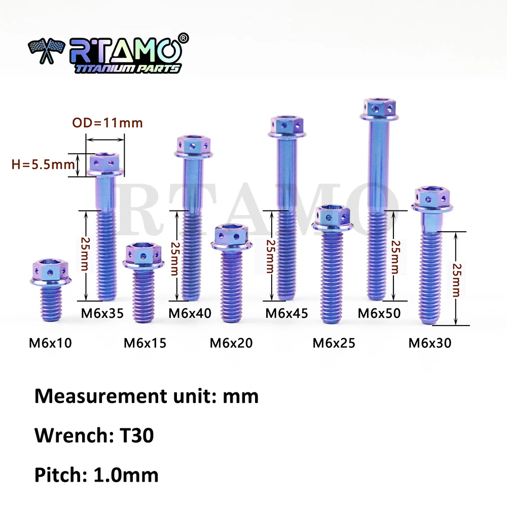 RTAMO M6*10-50 Titanium Bolt Flange Hole Hexagon for Bicycle and Motorcycle Modification (1pc)