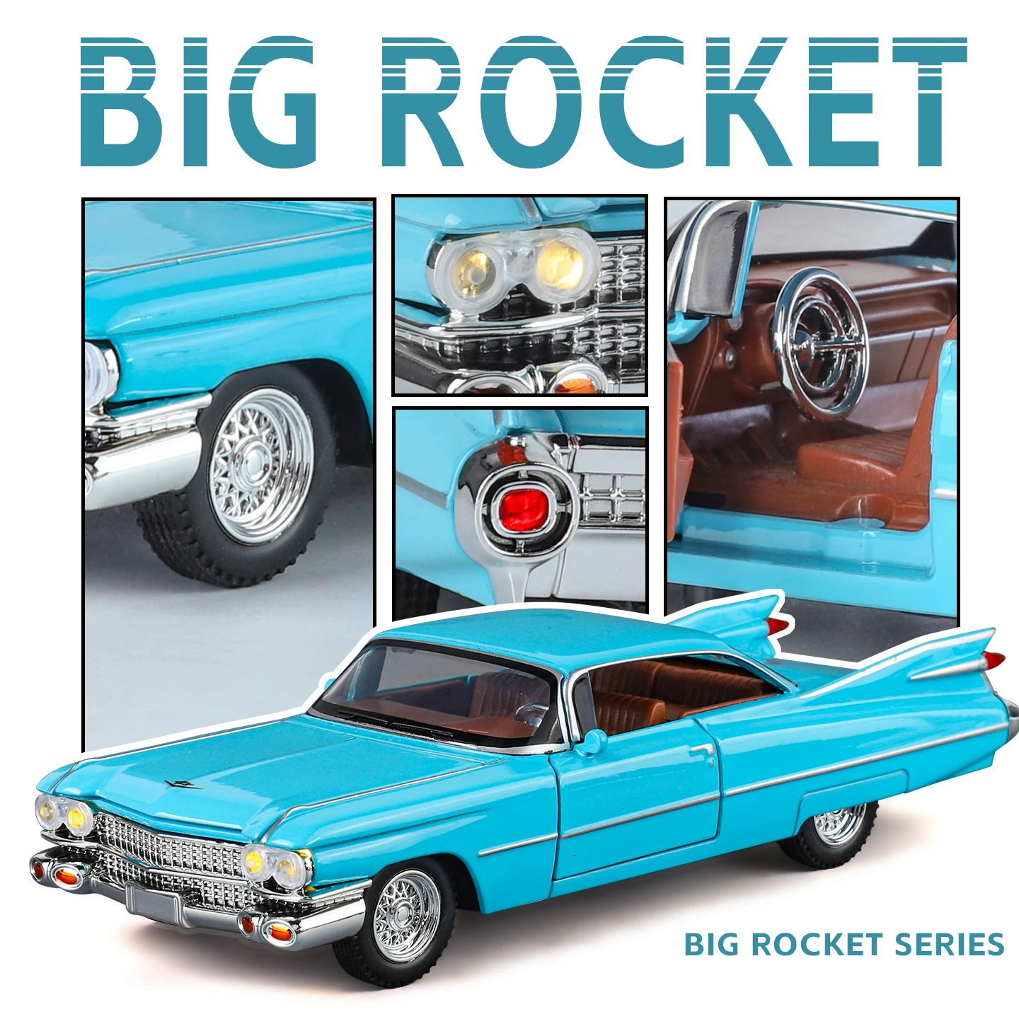 1:32 1959年ビッグロケットカーおもちゃモデル 合金ダイキャスト車両おもちゃ サウンドライト ドア開閉 プルバック式 子供向けギフト