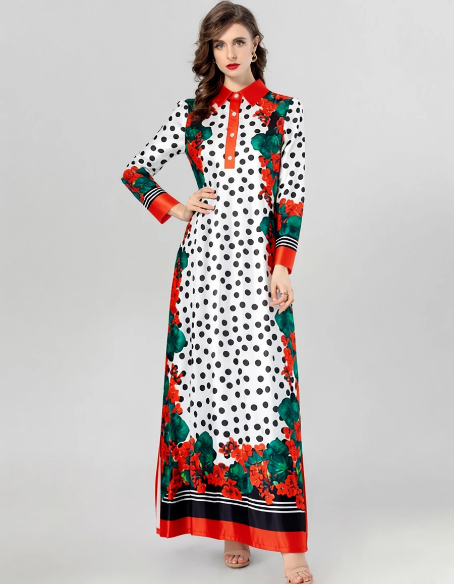 Abito lungo da donna con stampa floreale rossa e pois, colletto abbottonato, maniche lunghe, abiti fluidi stile vintage