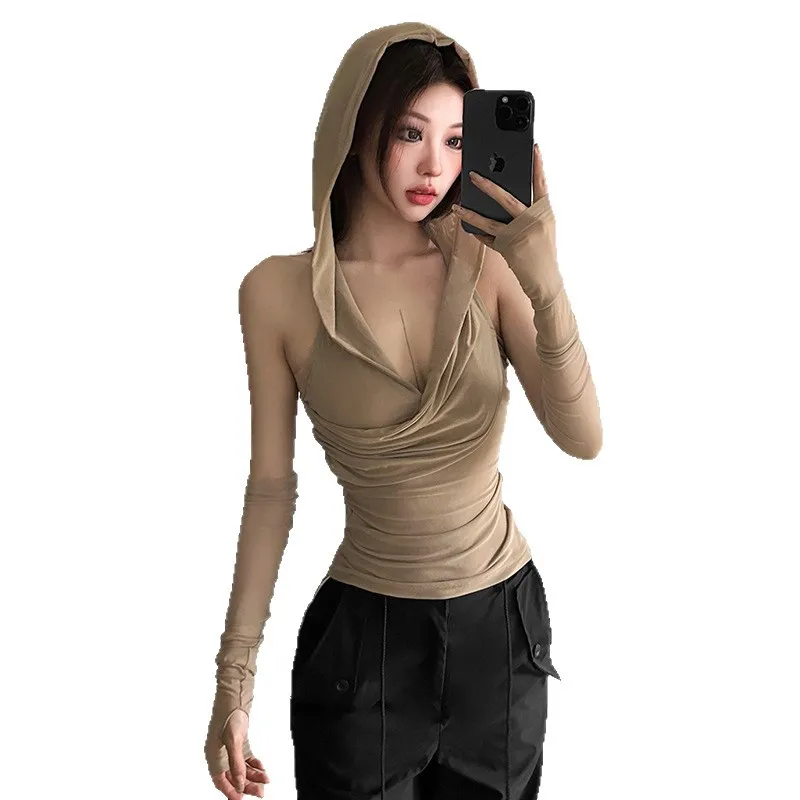 Top de Punto Ajustado para Mujer, Verano 2025, con Gorro, Cuello en V, Color Puro, Espalda Descubierta con Cinturón, Top Cort...