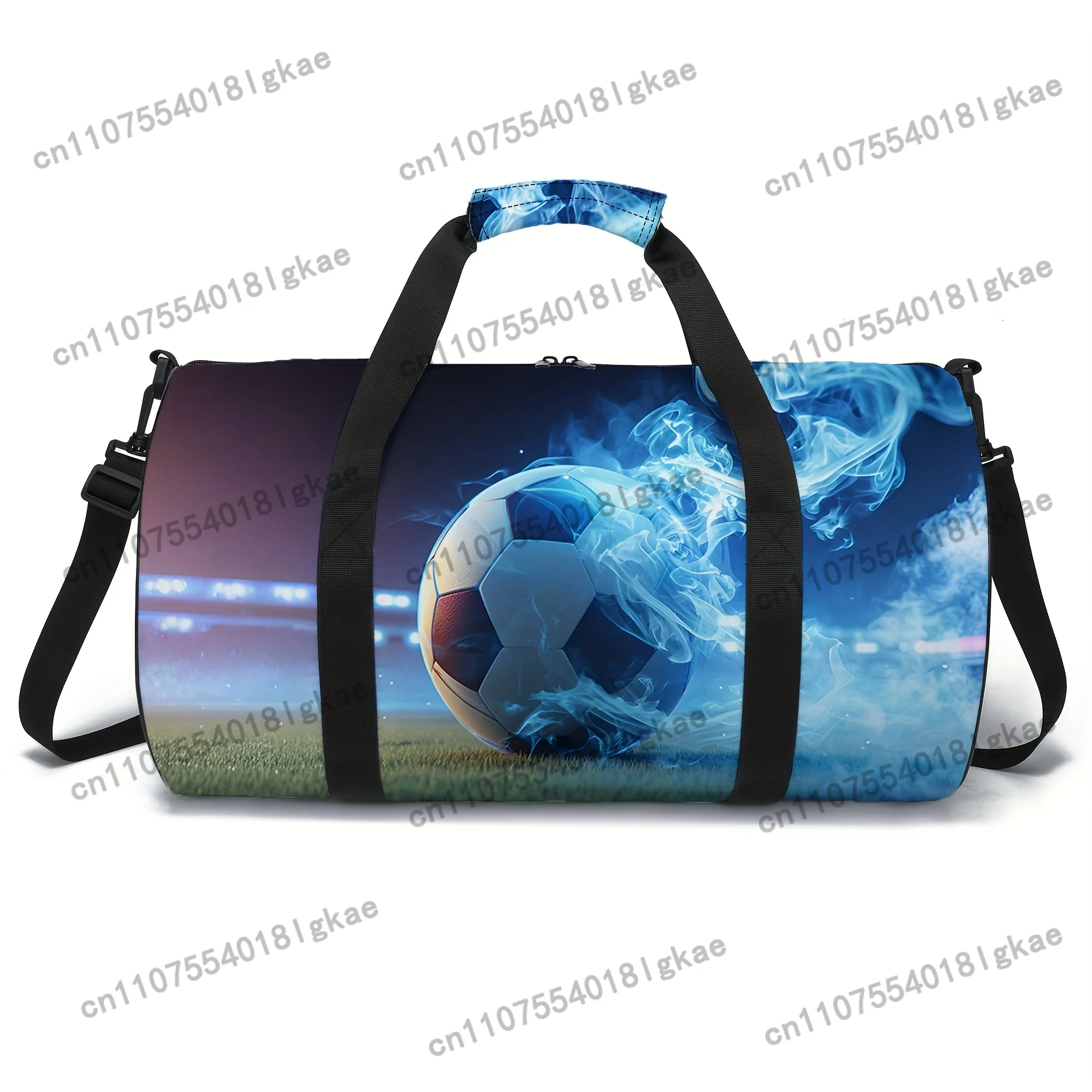 1pc Football Print Cylindrical Travel Bag - Lightweight Foldable Duffel with Adjustable Strap, Soccer Design for &, Business Tri