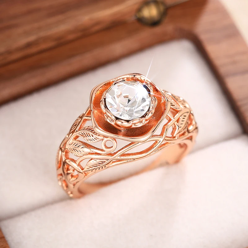 Huitan Aesthetic Rose Gold Color Flower Ring Female Engagement Accessories with Bright Zirconia Graceful Wedding Band Jewelry