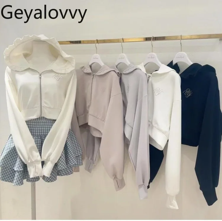 

Cute Ruffled Short Hooded Coat Rhinestone Zipper Sun Protection Cardigan Jacket Fashion Spring Autumn Women's Loose Coats