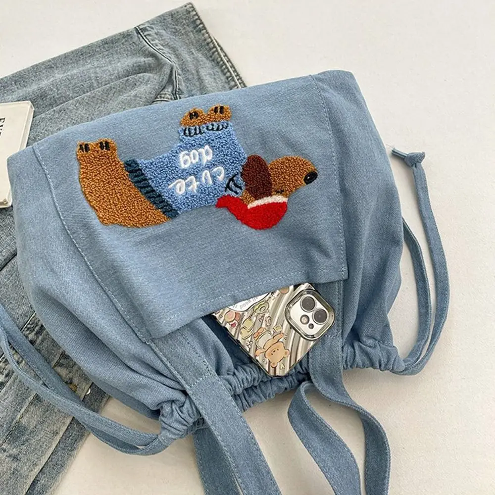 Bolsa de ombro jeans, sacola de carta impressa saco de balde, bolsa de bolinho, pano jeans, cão bonito