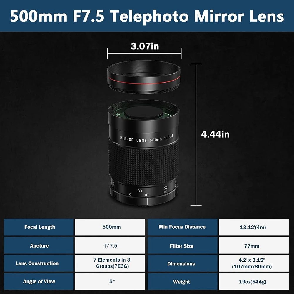 500mm F7.5 MF Telephoto Reflex Mirror Lens with T2 Mount Adapter for Canon EF RF Nikon F Z Sony E Olympus M43 Pentax Camera