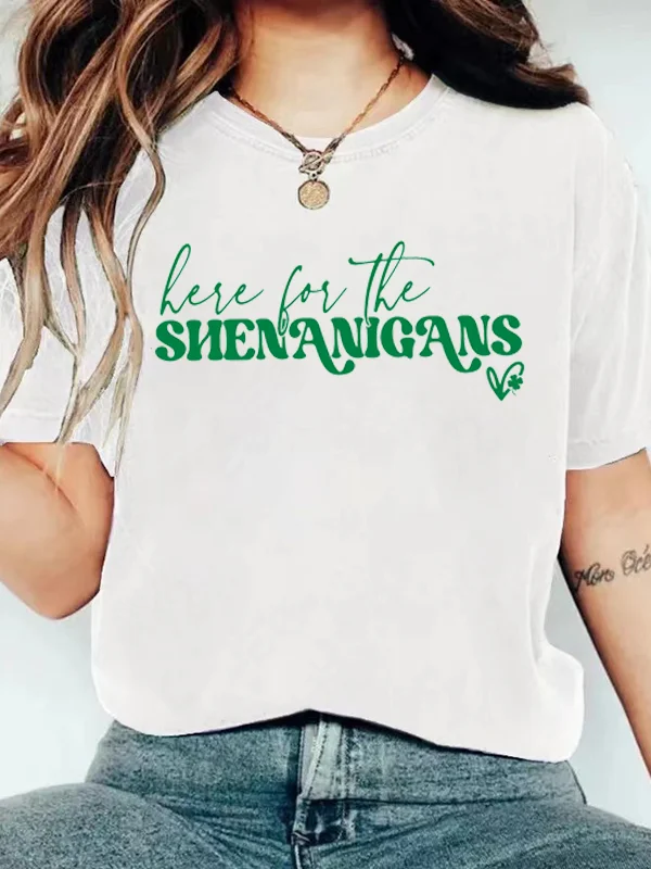 2024 New Voguish Casual St. Patrick's Day Female T-shirt Here for The Shenanigans Slogan Women Shirt Holiday Trend Girl Tee