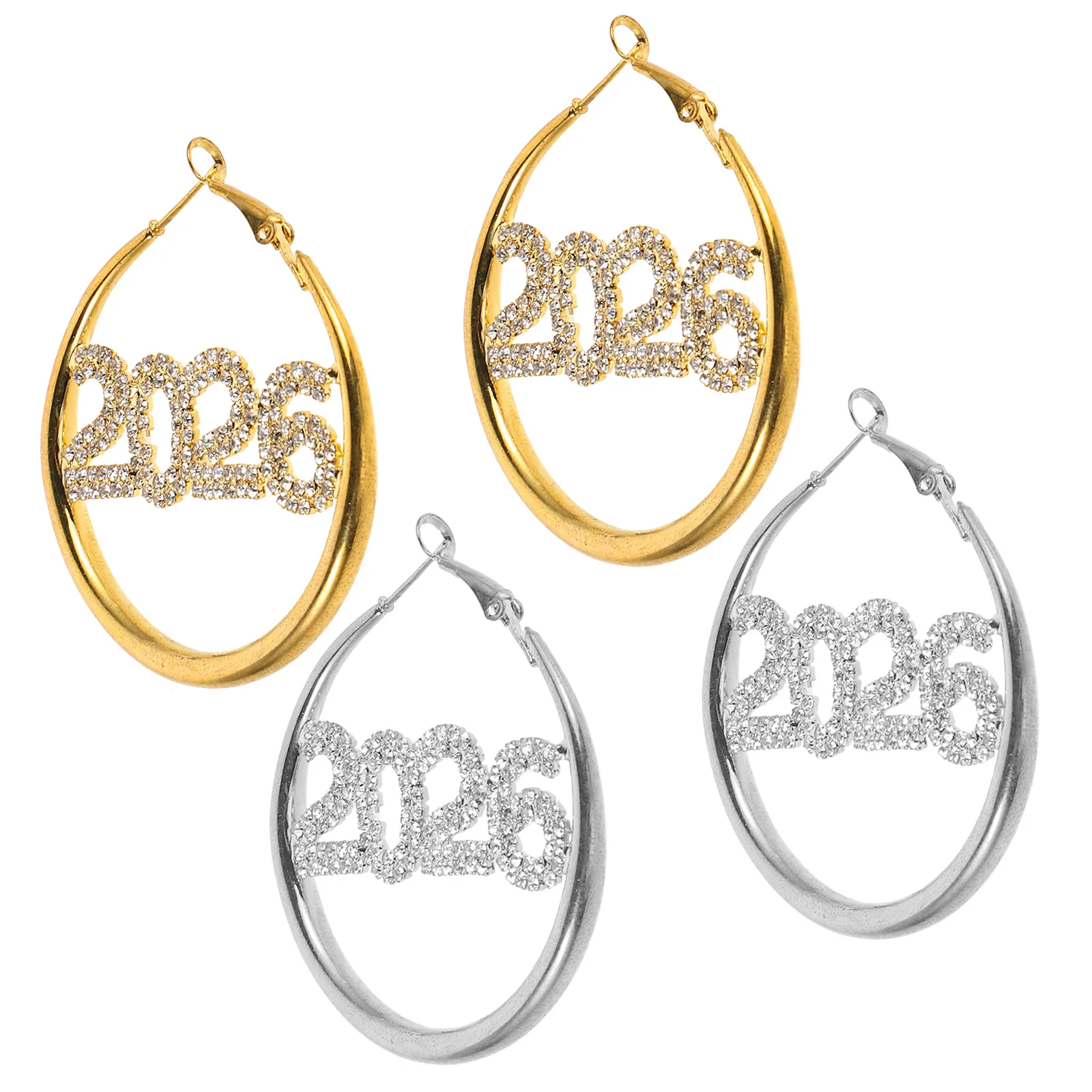 

2Pairs Rhinestone Hoop Earrings 2026 Number Hoop Drop Earrings for Women Sparkly New Year Festival Jewelry Women Ear Hoops