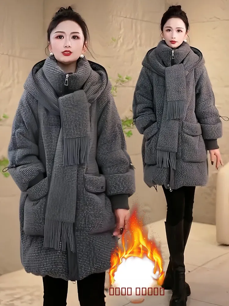 

Корейская женская утепленная куртка средней длины с капюшоном на флисовой подкладке, зимняя новинка, элегантная, для повседневной носки, модная
