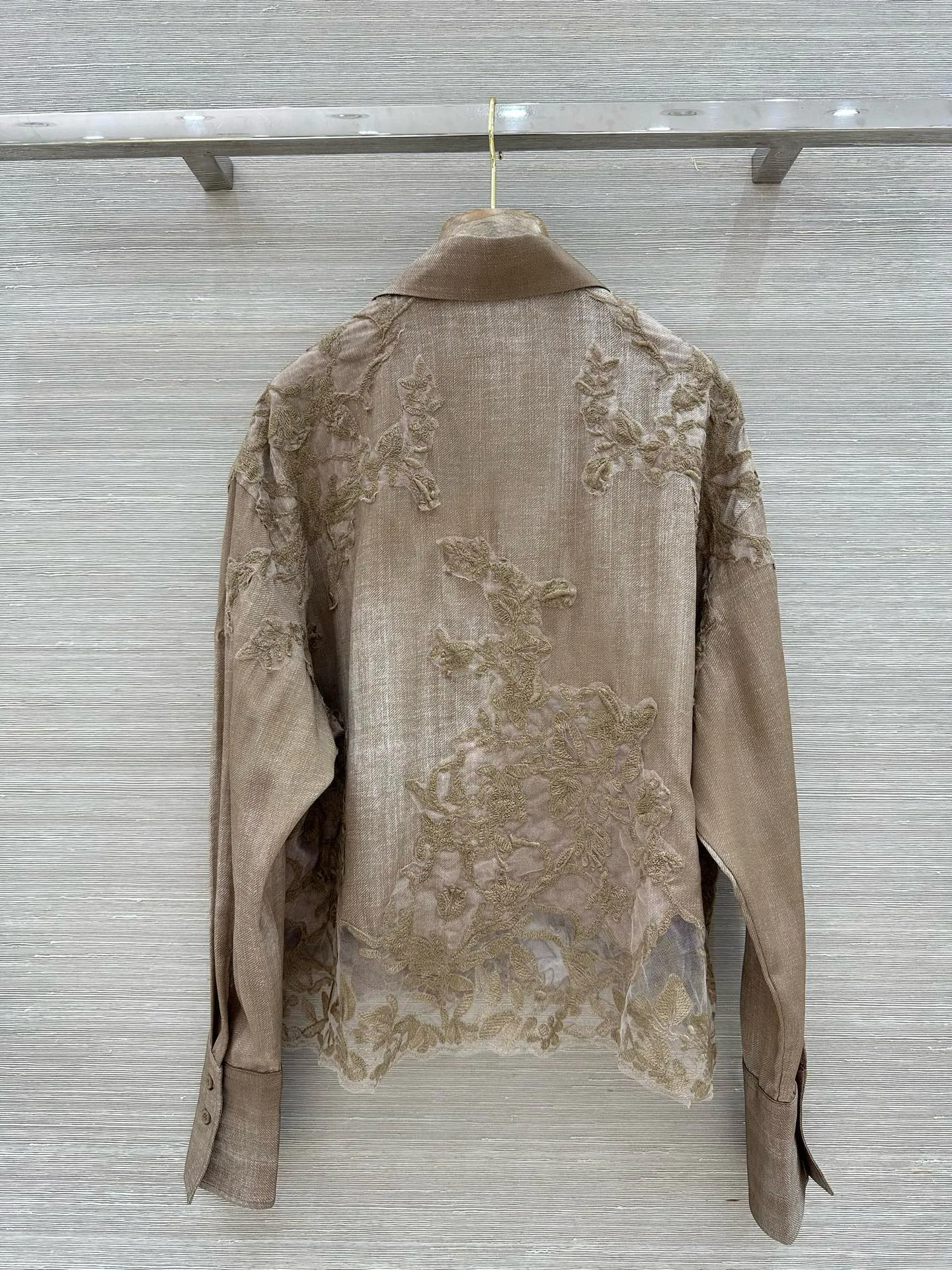 Retro Washed Taupe Floral Applique Lace Blouse, Point Collar Single Breasted Cropped Oversized Long Sleeve Shirt for Ladies