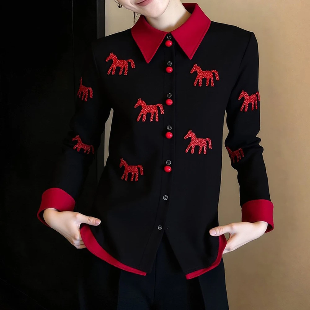 

Contrasting color natal year pony long-sleeved shirt women's 2026 spring new high-end light luxury thin foreign-style shirt