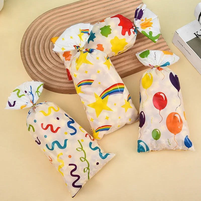 50pc Colorful Ribbon Balloon Doodle Pattern Gift Pack Flat Pocket, Rainbow Printed Wedding Graduation Party Gift Small Candy Bag